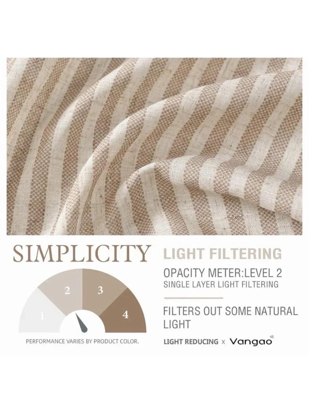 Vangao 2 Pack Stripe Farmhouse Kitchen 24” Length X 26” Linen Cafe Curtains Tan